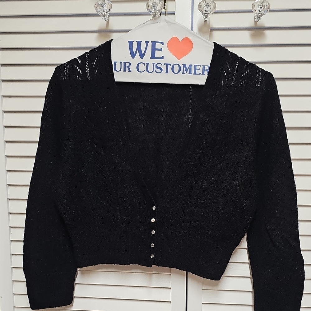 EUC Express Black Knit Cropped Cardigan with Rhinestone Buttons Lightweight Sz L